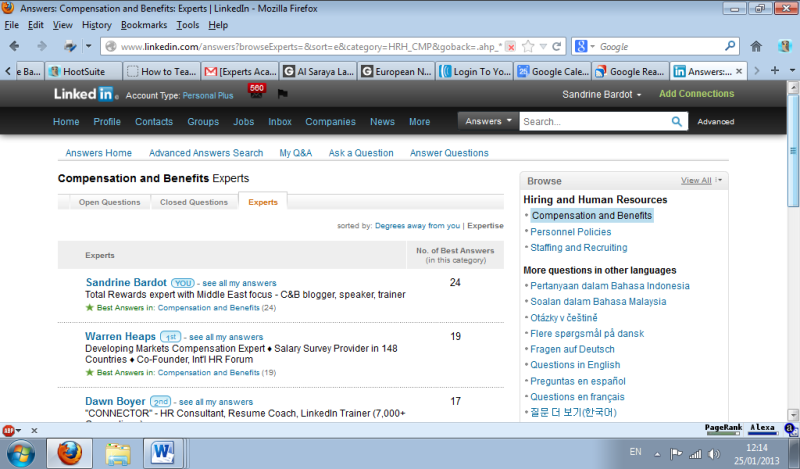 Sandrine Bardot top Compensation expert on LinkedIn Answers - end January 2013